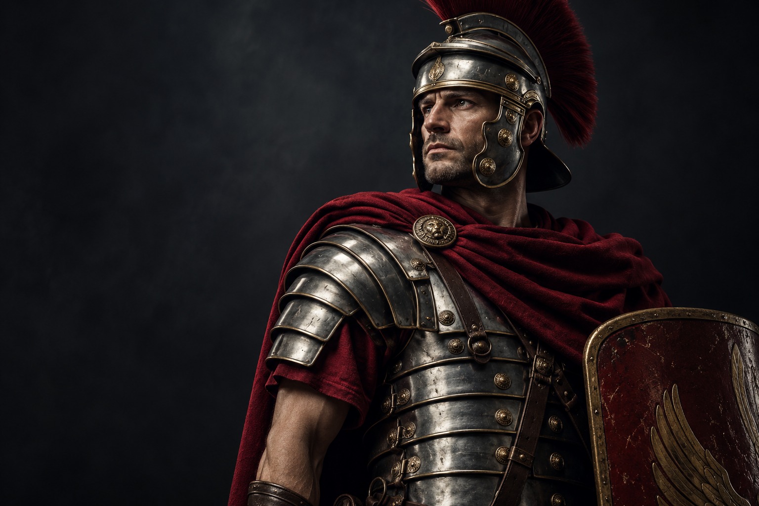 Roman legionnaire in steel armor and a crimson cloak